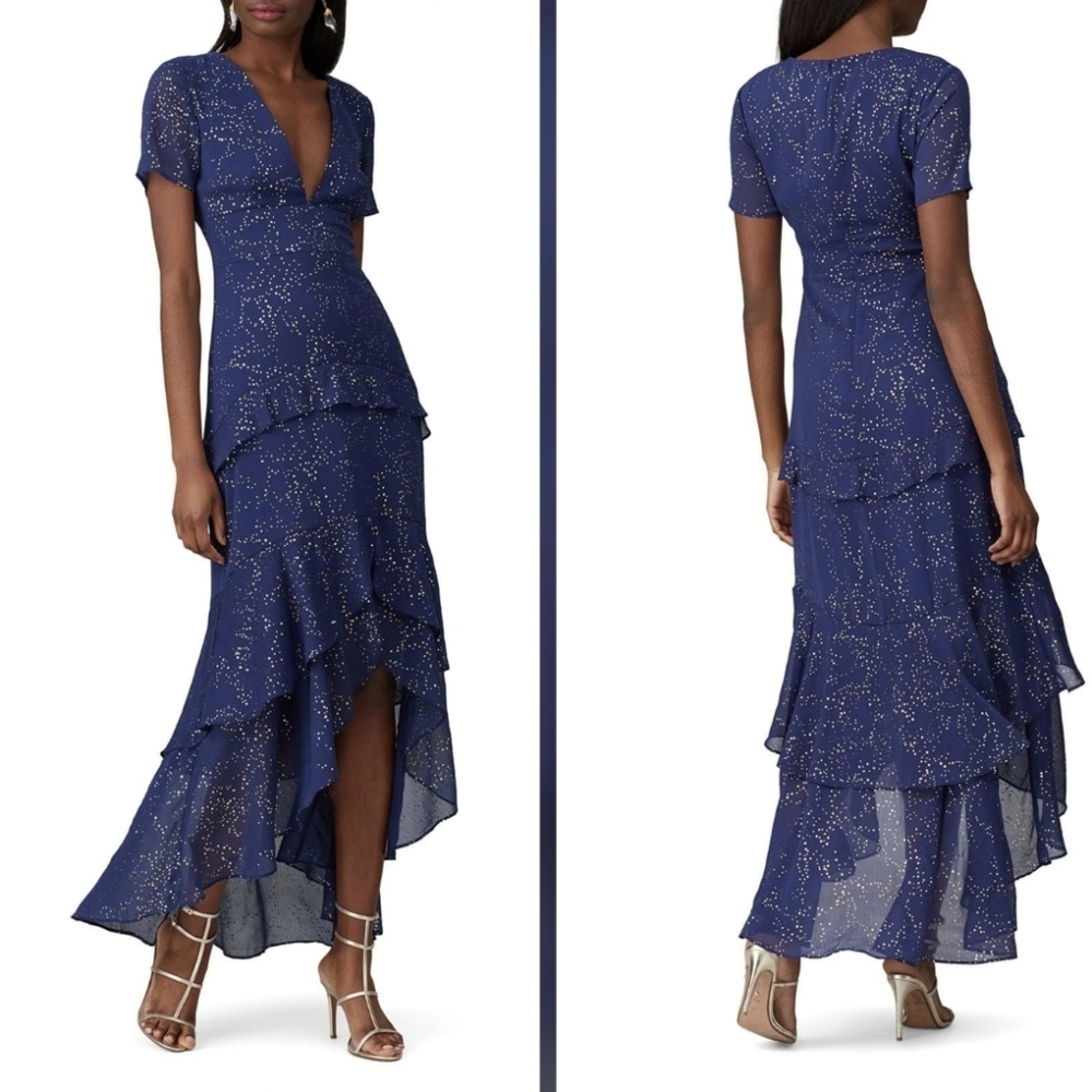 Hutch Tate Gown In Navy printed Chiffon Short Sleeves V-neckline Size 6
